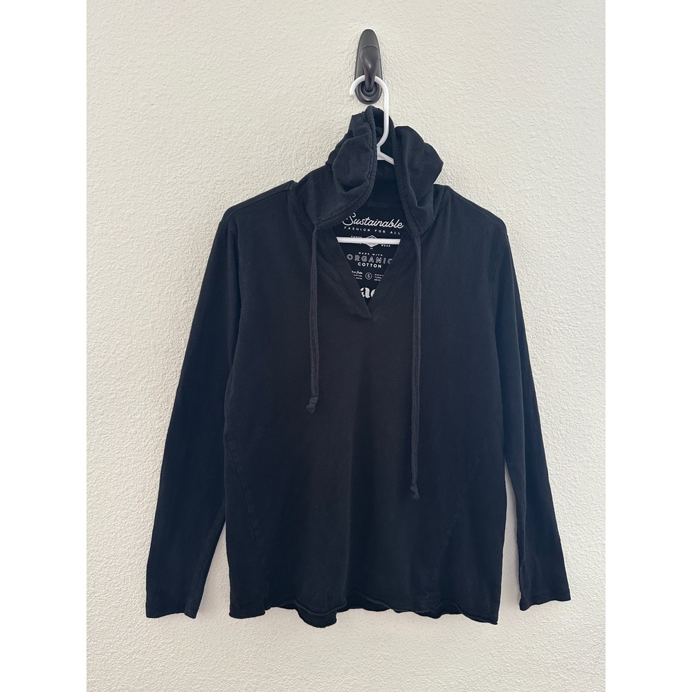 PACT Black 100% Organic Cotton V-Neck Pullover Lightweight Hoodie Layering Small